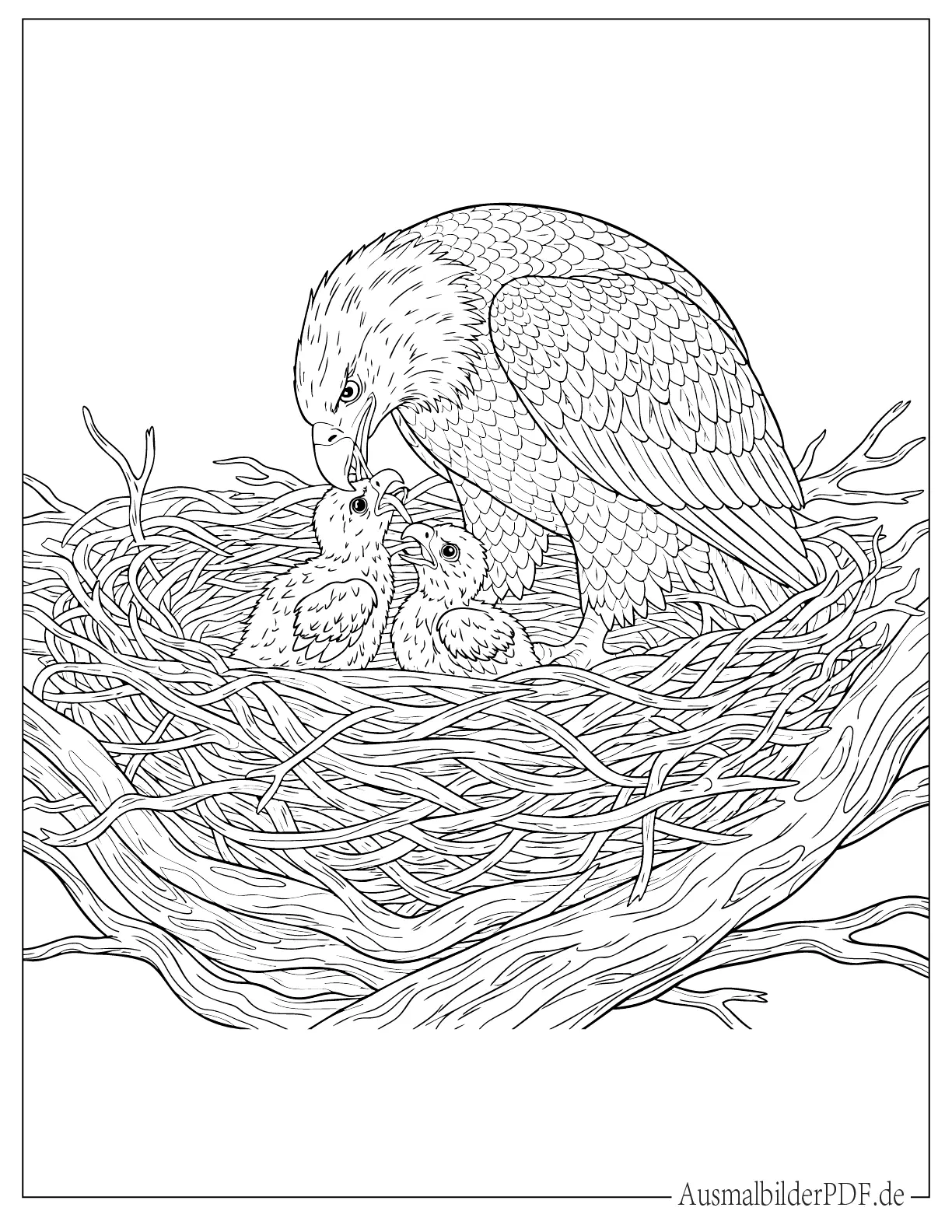 10+ Ausmalbilder Adler (Gratis zum Ausdrucken und Ausmalen) Adler füttert Babys im Nest zum Ausmalen