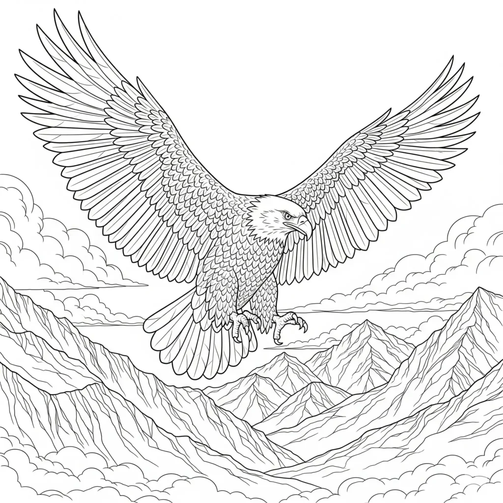 Adler Malvorlage mit Adler, der über Berglandschaft fliegt, zum Ausdrucken und Ausmalen für Kinder