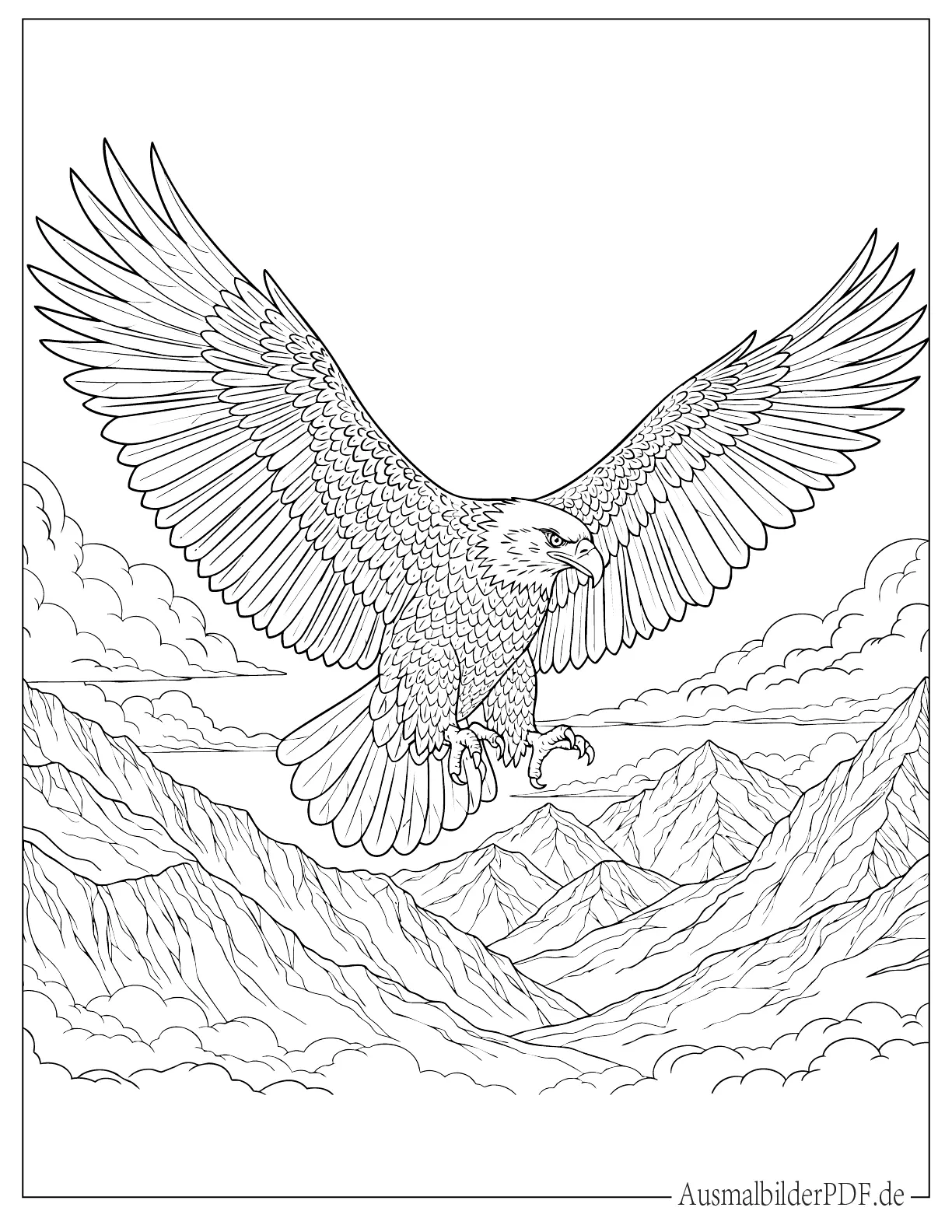 10+ Ausmalbilder Adler (Gratis zum Ausdrucken und Ausmalen) Detaillierter Adler fliegt über den Bergen Ausmalvorlage
