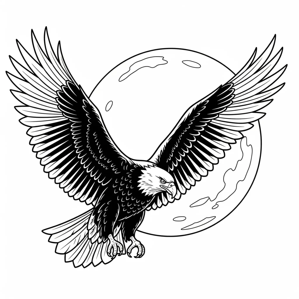 Ausmalbild eines Adlers, der vor einem großen Vollmond fliegt, zum Ausdrucken und Ausmalen für Kinder
