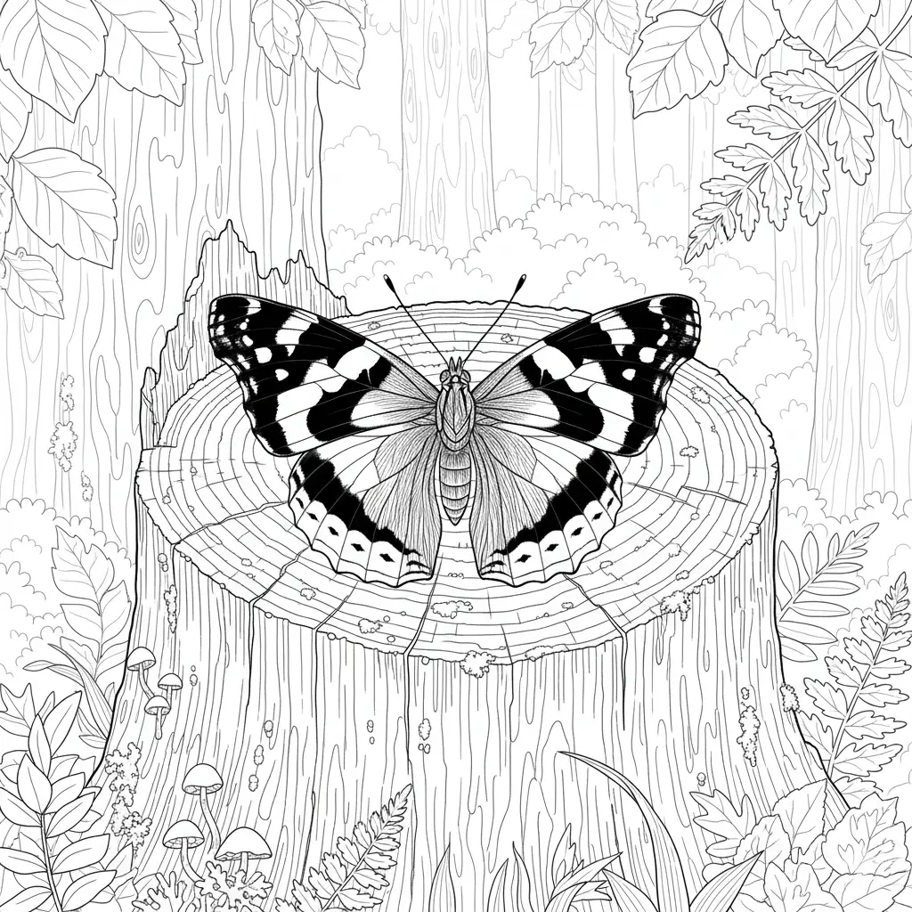 30+ Schmetterling Ausmalbilder (Gratis Malvorlage zum drucken) Ein farbenprächtiger Admiral-Schmetterling mit roten und schwarzen Flügeln ruht auf einer Blume und lädt zum detailreichen Ausmalen ein.