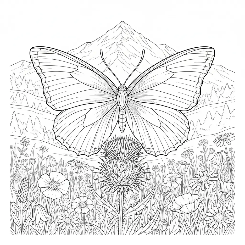 30+ Schmetterling Ausmalbilder (Gratis Malvorlage zum drucken) Ein leuchtend blauer Adonis-Schmetterling mit ausgebreiteten Flügeln sitzt auf einer Wiese und lädt zum kreativen Ausmalen ein.