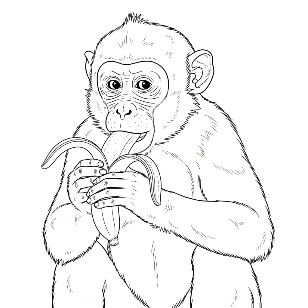 affen ausmalbild pdf mit affe der banane isst zum ausdrucken für kinder geeignet