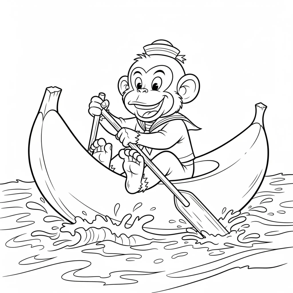 affen ausmalbilder pdf mit affe der in einem bananenboot sitzt zum ausdrucken für kinder geeignet