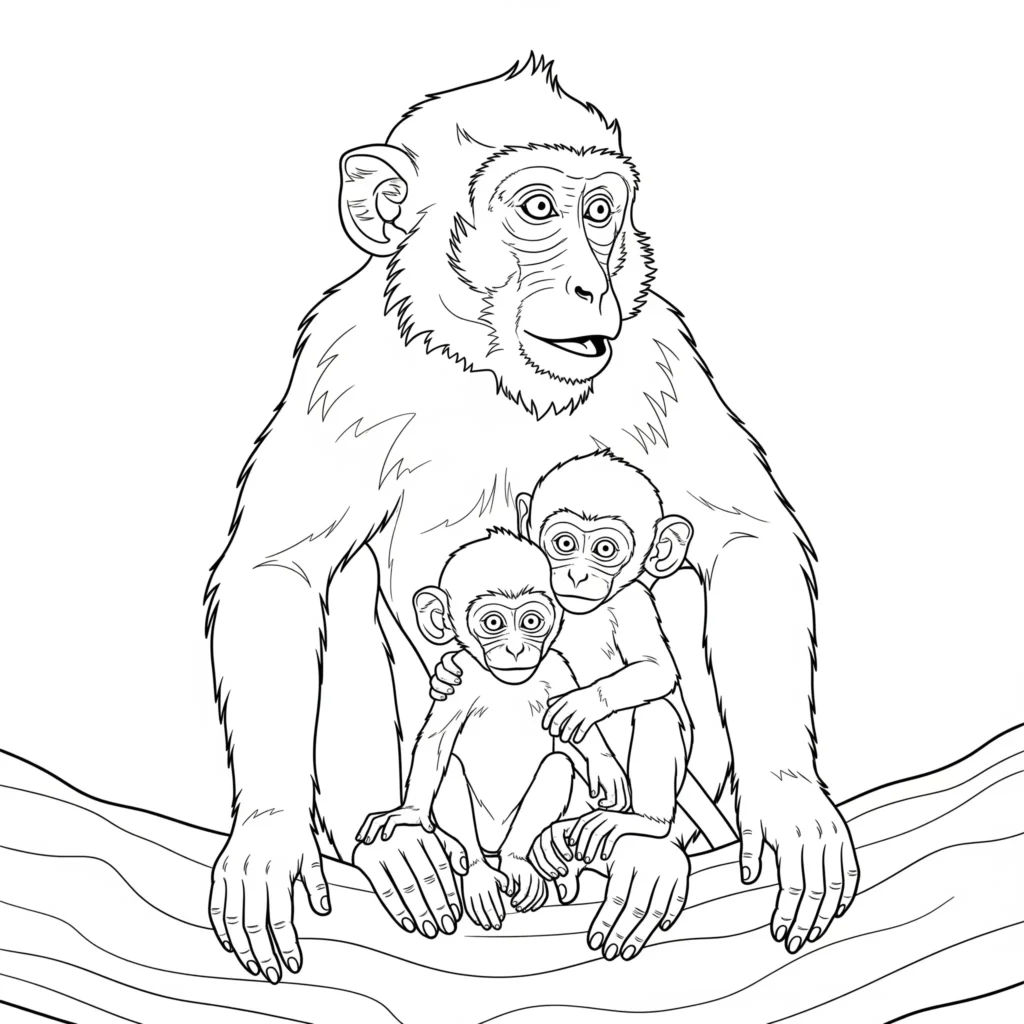 affen ausmalbilder pdf mit einer affenfamilie zum ausdrucken für kinder geeignet liebevolles tiermotiv