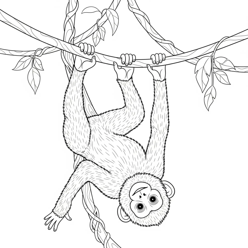 affen ausmalbild pdf mit affe der an einer liane schaukelt zum ausdrucken für kinder geeignet