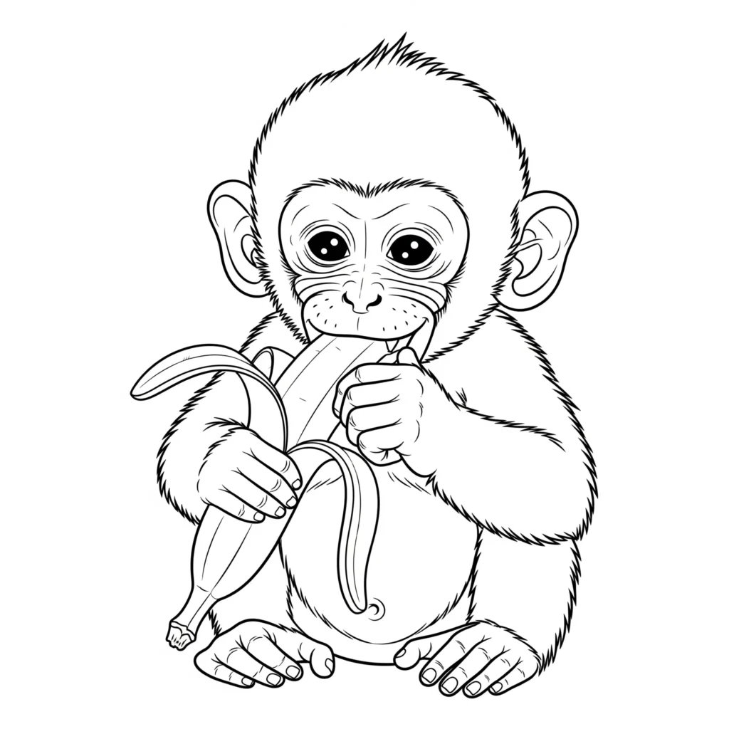 affen ausmalbilder pdf mit affenbaby das eine banane isst zum ausdrucken für kinder geeignet