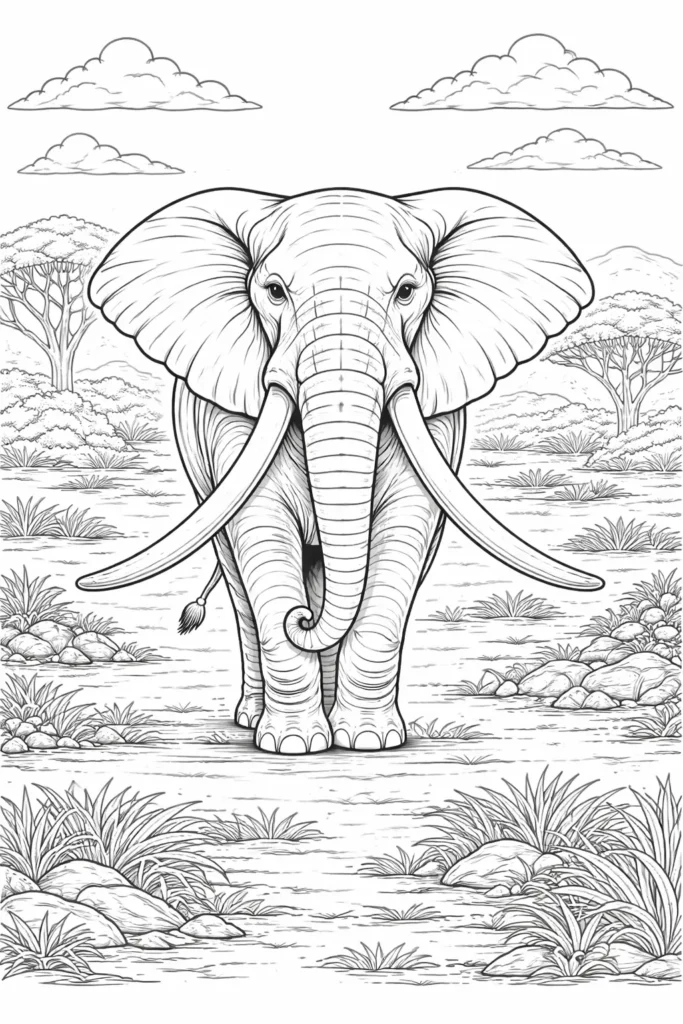 Ein ausmalbild zeigt einen afrikanischen Elefanten mit großen gebogenen Stoßzähnen in offener Landschaft für Kinder und Erwachsene