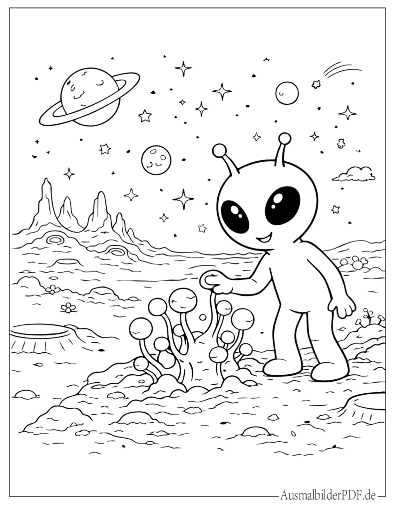 Ausmalblatt eines neugierigen Aliens auf einem fremden Planeten, ideal für Kinder und Erwachsene