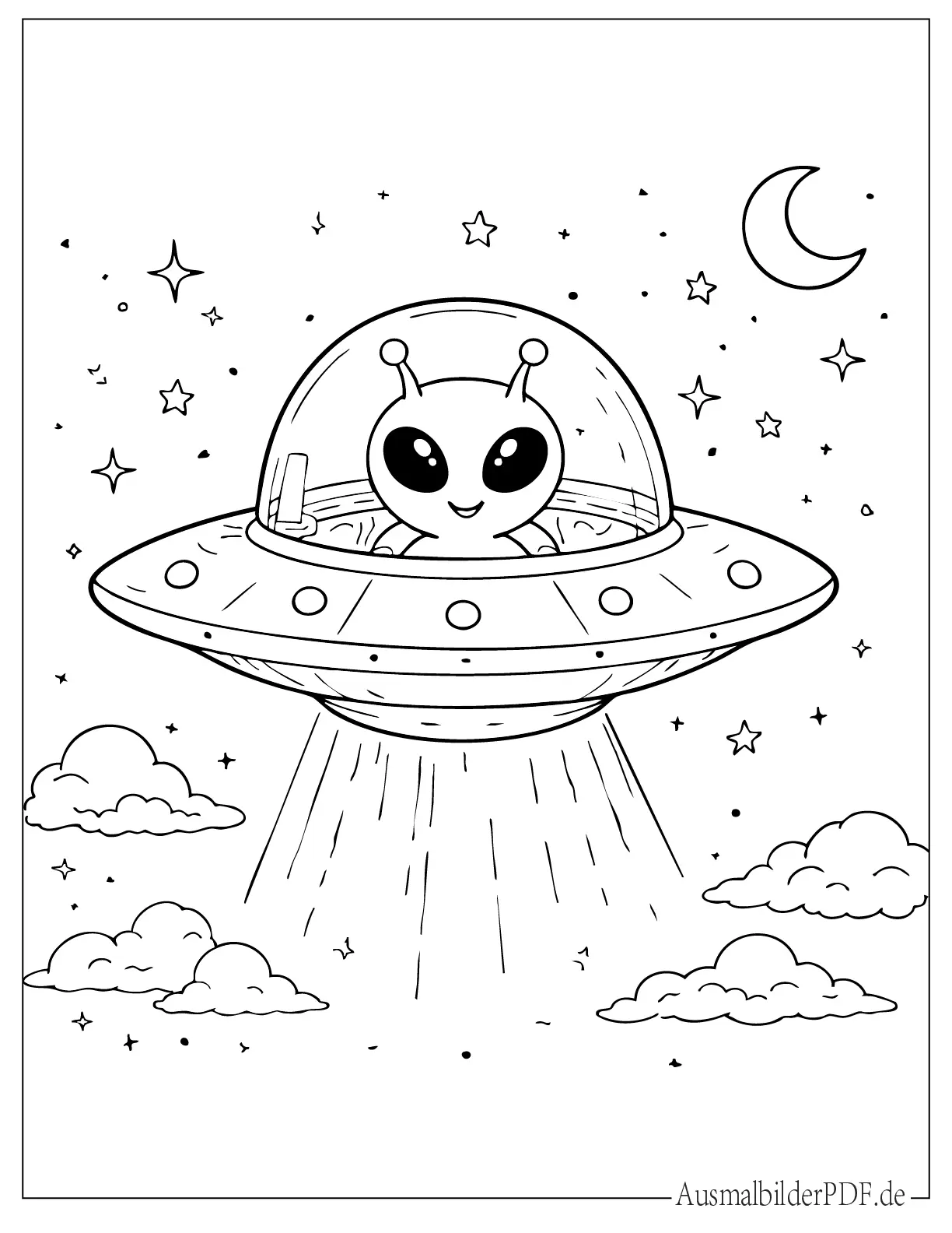 Alien Ausmalbilder (Gratis zum Ausdrucken und Ausmalen) Süßes Alien in einem fliegenden UFO Ausmalvorlage