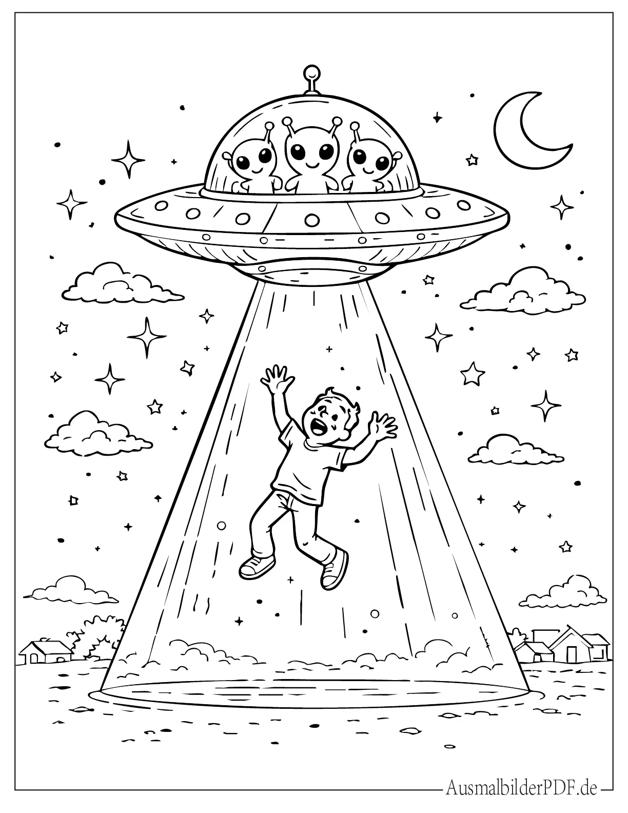 Alien Ausmalbilder (Gratis zum Ausdrucken und Ausmalen) Alien-UFO entführt einen Menschen Malvorlage