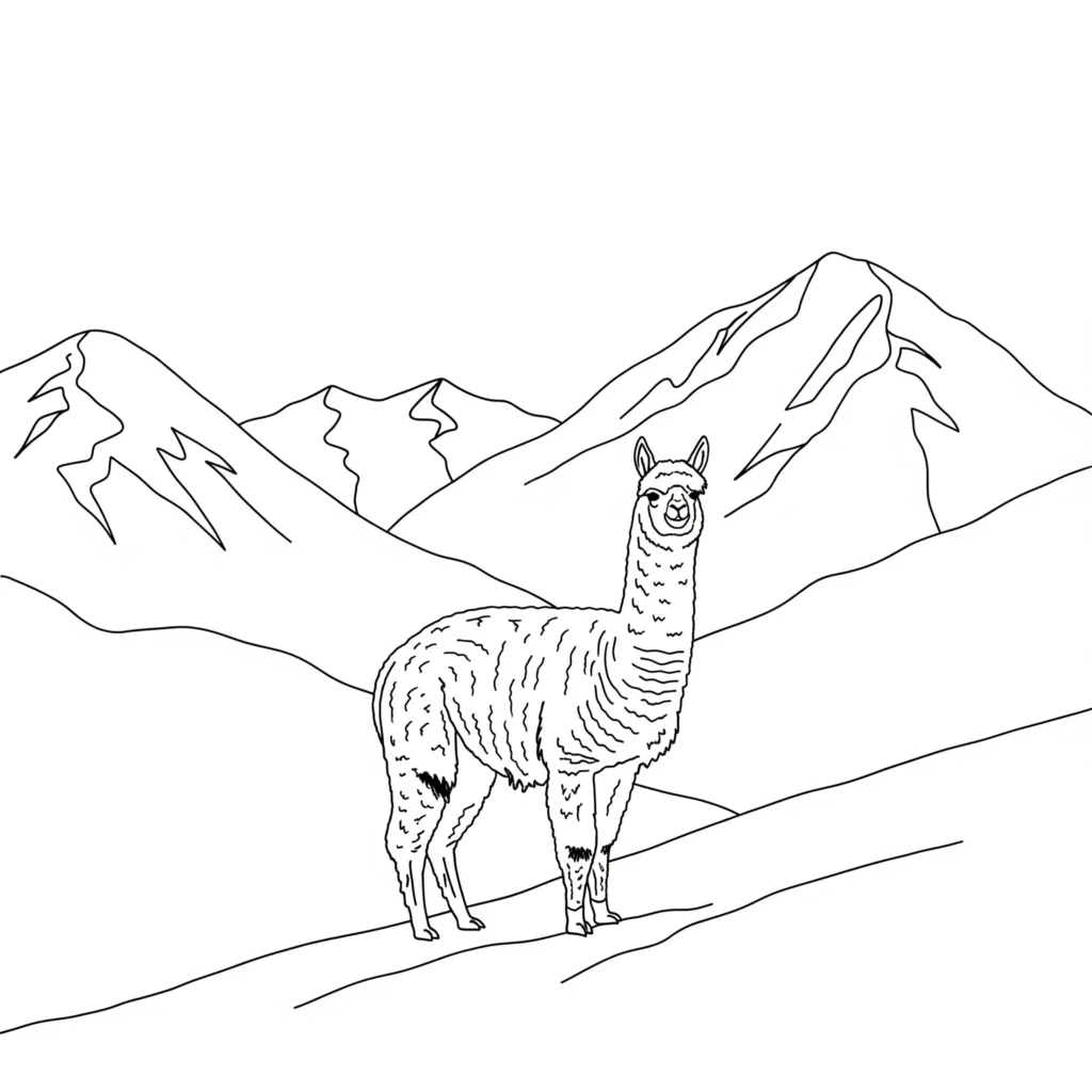12 Alpaka Ausmalbilder (Kostenlos Malvorlage zum Ausdrucken) Dieses Malvorlagen-PDF zeigt ein Alpaka in den Bergen. Ideal zum Ausdrucken und Ausmalen für Kinder und Erwachsene.