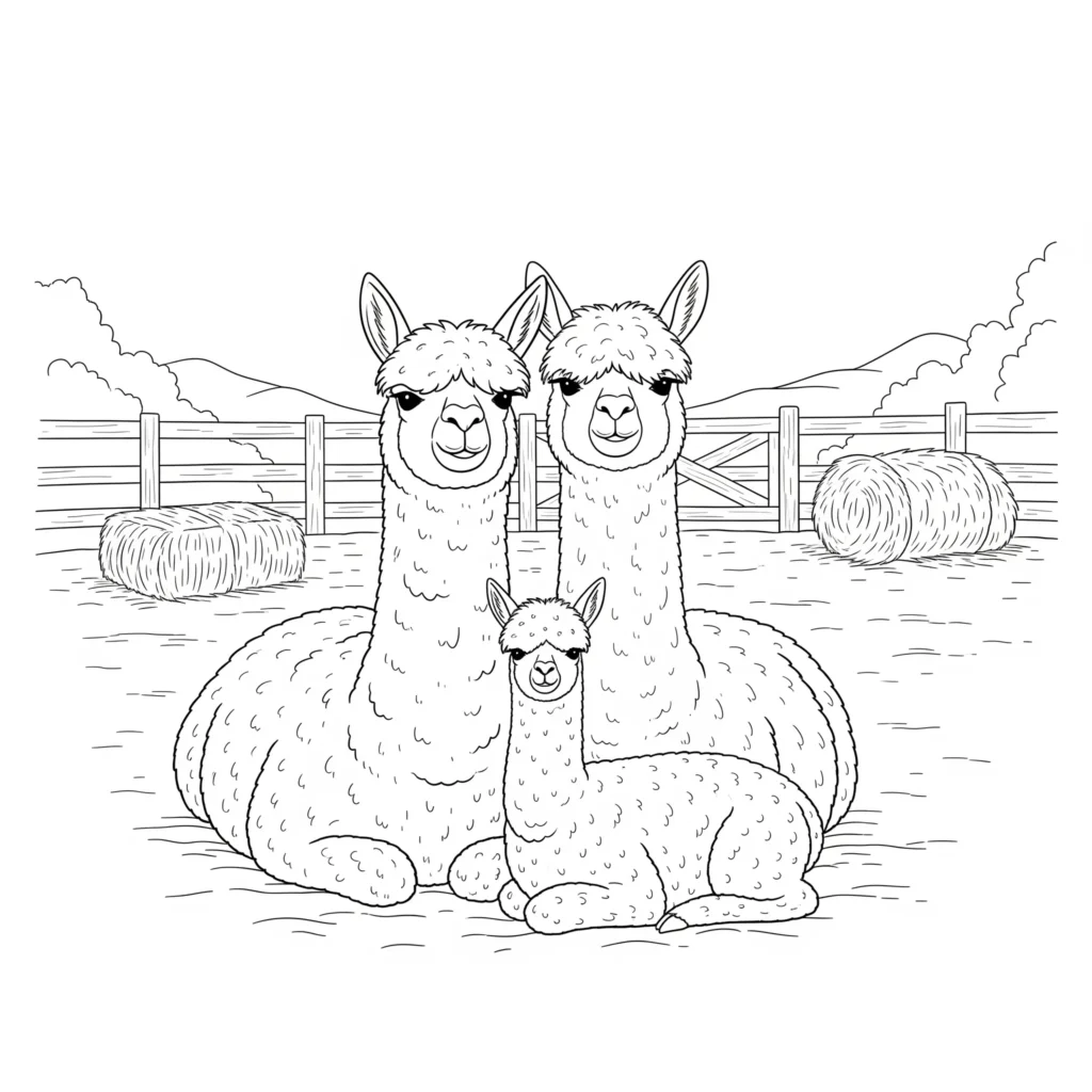 12 Alpaka Ausmalbilder (Kostenlos Malvorlage zum Ausdrucken) Dieses Malvorlagen-PDF zeigt eine Alpaka Familie. Ideal zum Ausdrucken und Ausmalen für Kinder und kreative Stunden zu Hause.