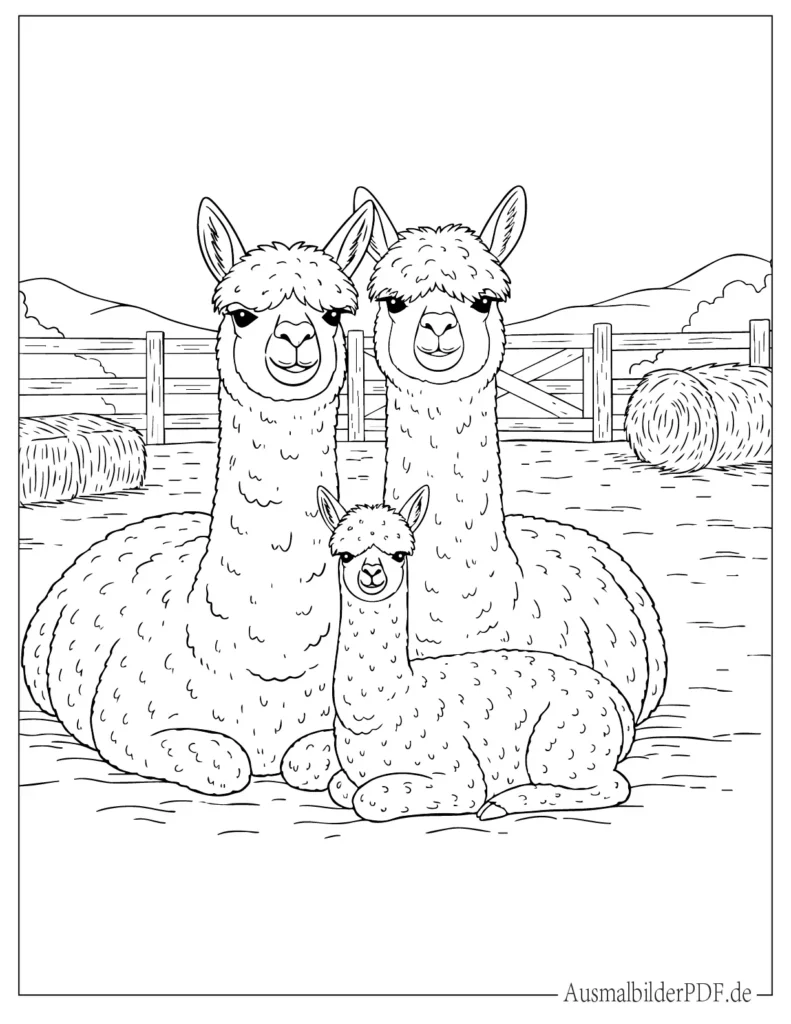 Malbild einer Alpaka Familie auf dem Bauernhof für Kinder, ideal zum Ausdrucken und kreativen Ausmalen
