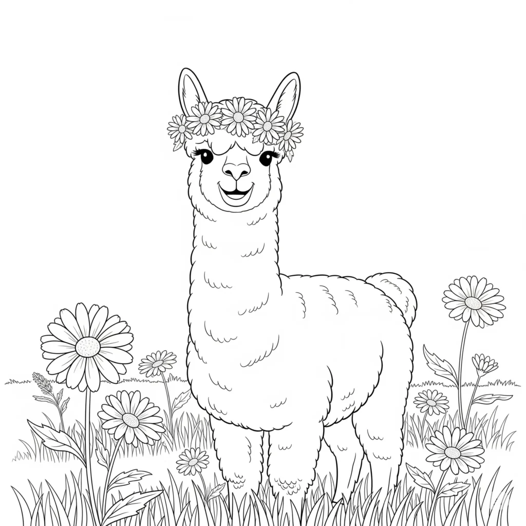 12 Alpaka Ausmalbilder (Kostenlos Malvorlage zum Ausdrucken) Lächelndes Alpaka mit Blumenkranz als alpaka malvorlage zum Ausdrucken für Kinder