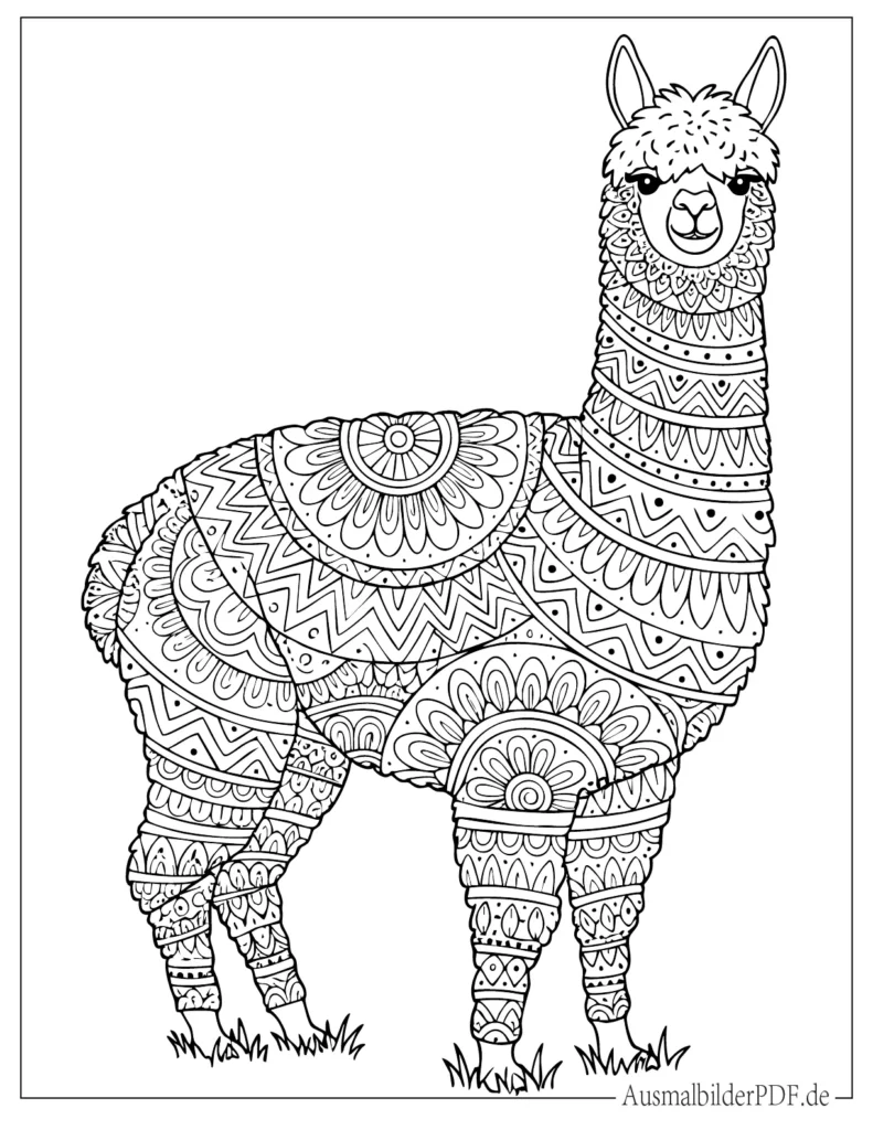 Detailreiche Druckvorlage eines Alpaka Mandalas für Erwachsene, ideal zum Entspannen und kreativen Ausmalen