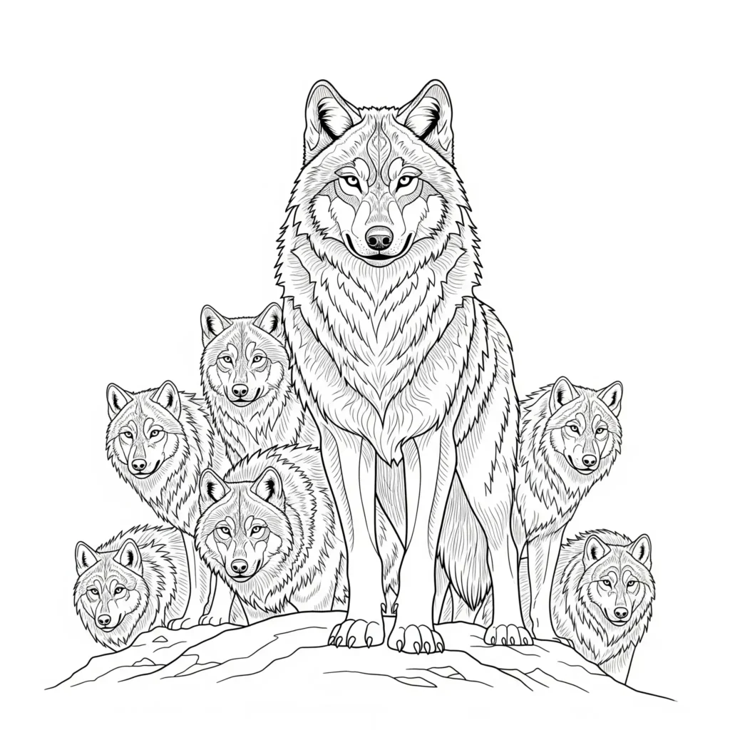 Ausmalbild des Alpha Wolfs im Rudel, ideal zum Ausdrucken und Ausmalen für Kinder und Wolfsfreunde