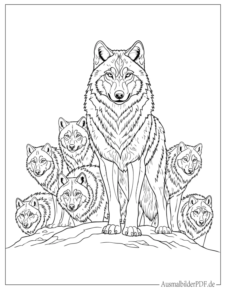 Ausmalbild des Alpha Wolfs im Rudel, ideal zum Ausdrucken und Ausmalen für Kinder und Wolfsfreunde