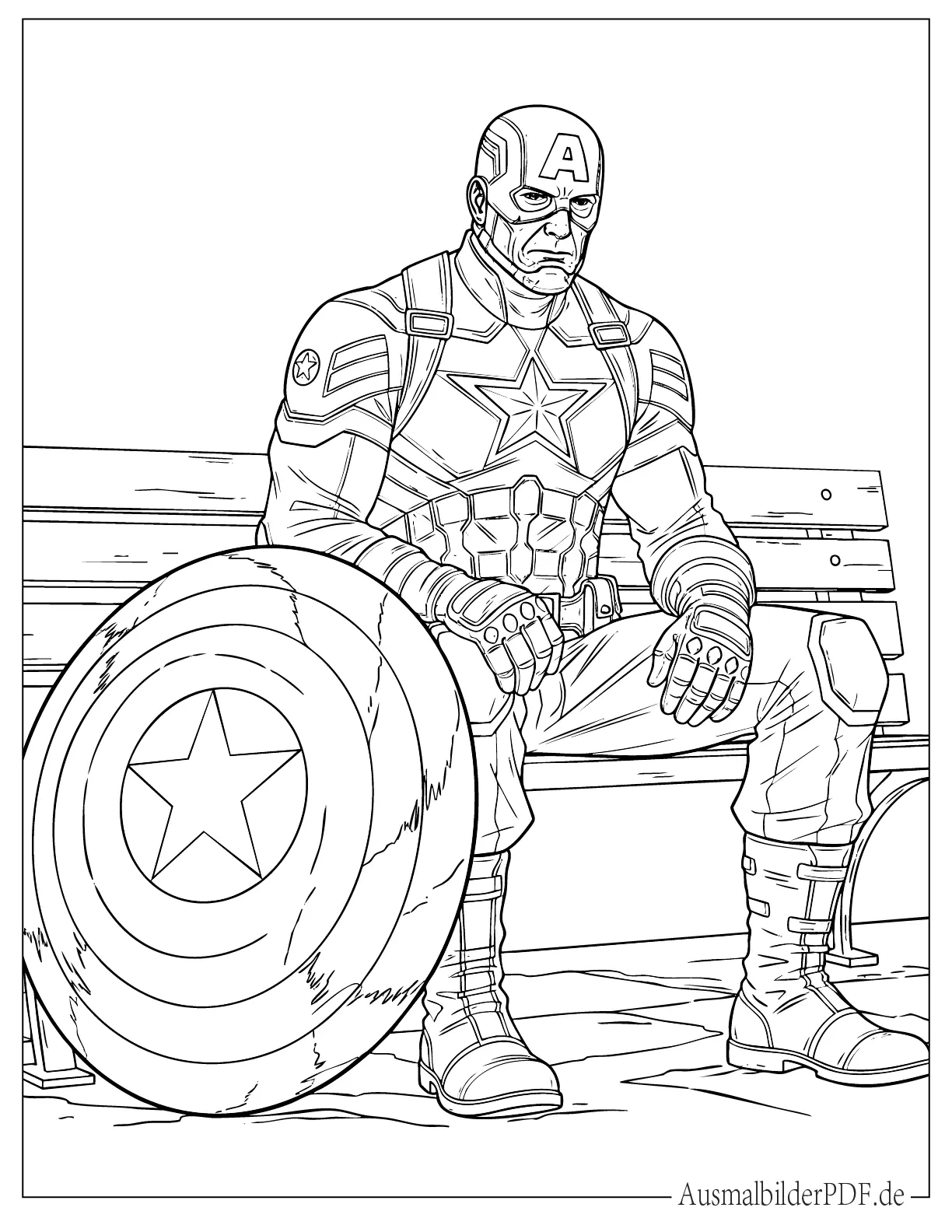 Alter Captain America mit Schild sitzt auf einer Bank Ausmalbild
