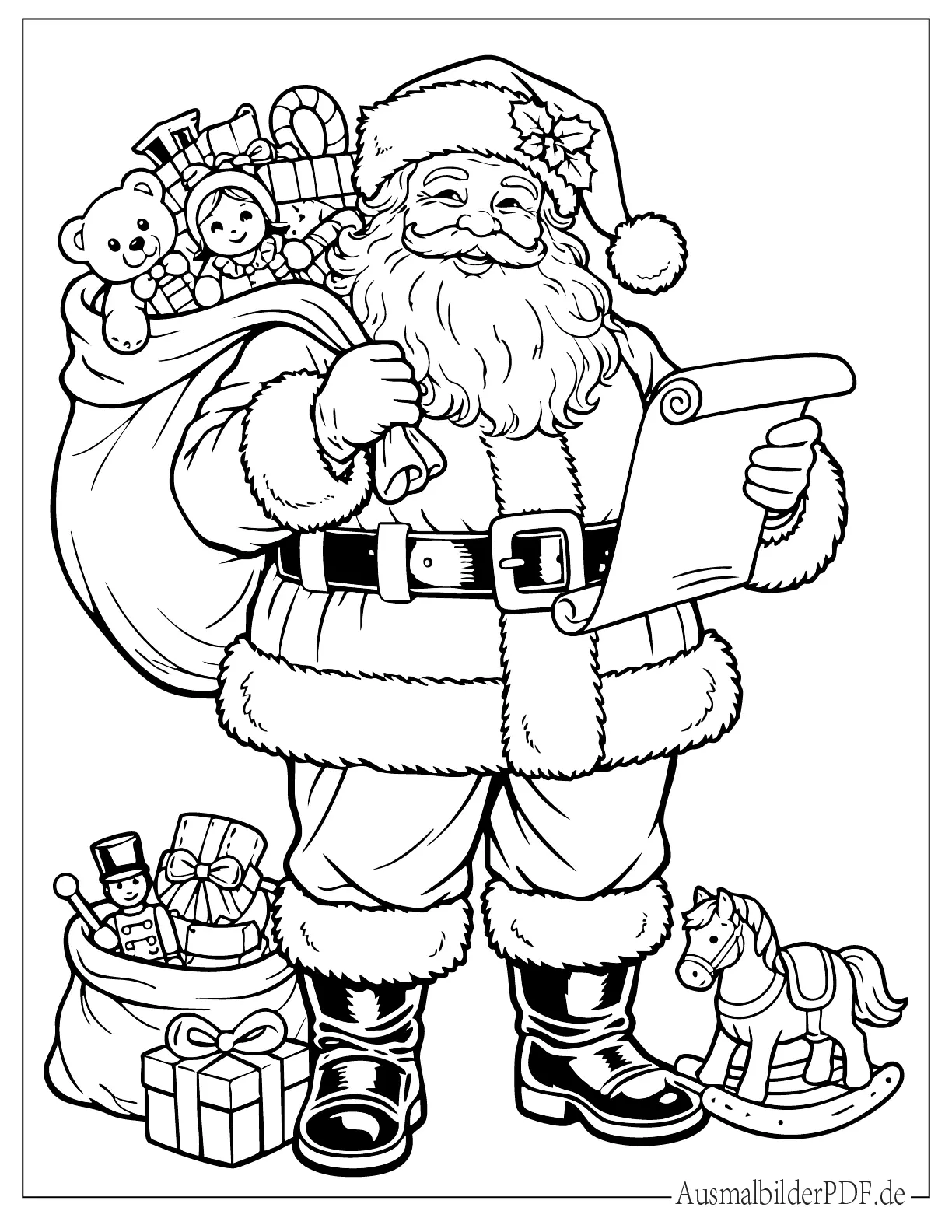 Altmodischer Weihnachtsmann mit langem Bart und Geschenksack Ausmalbild