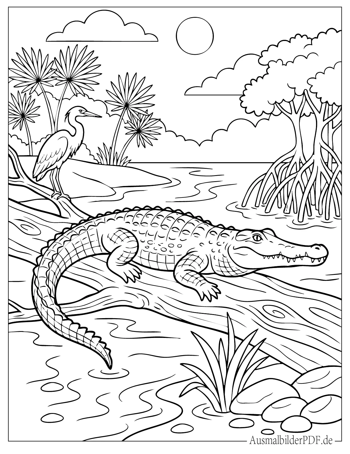 Amerikanisches Krokodil ruht auf einem Baumstamm Ausmalbild