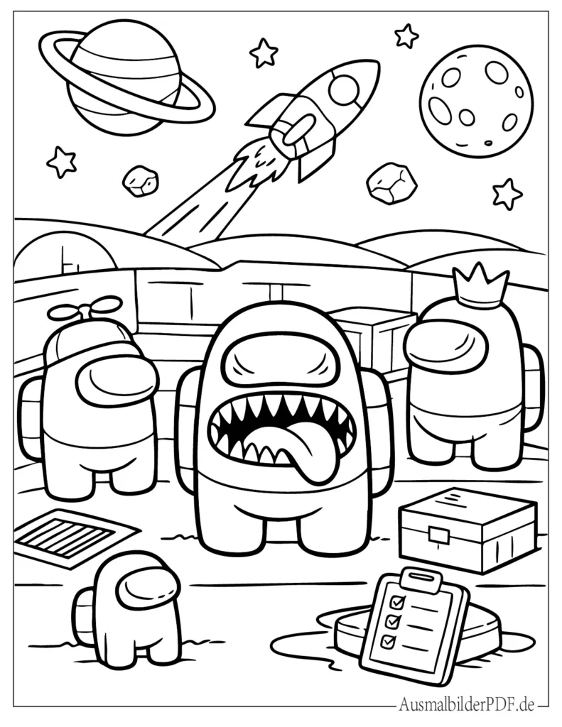 Among Us Ausmalbild mit einem einfachen Astronaut-Charakter aus dem Spiel, ideal als kostenlose Malvorlage für Kinder zum Ausdrucken.