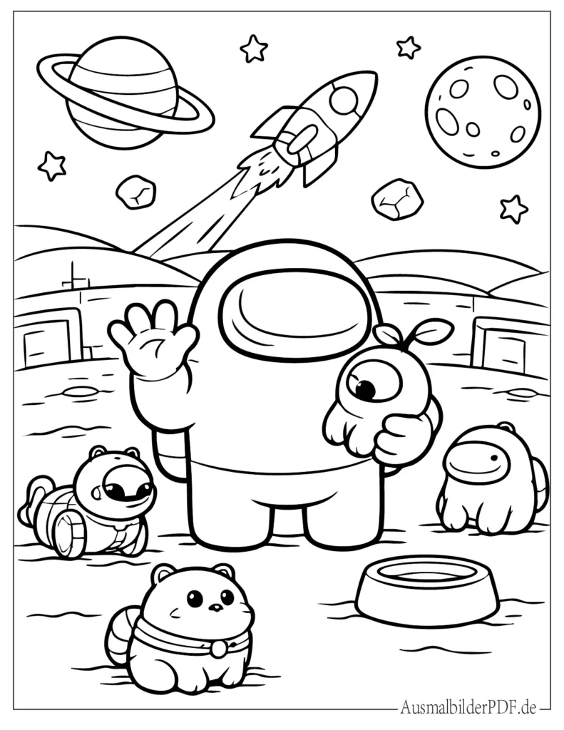 Druckvorlage eines Among Us Crewmates mit einem niedlichen Pet, perfekt zum Ausmalen und Ausdrucken für Kinder.