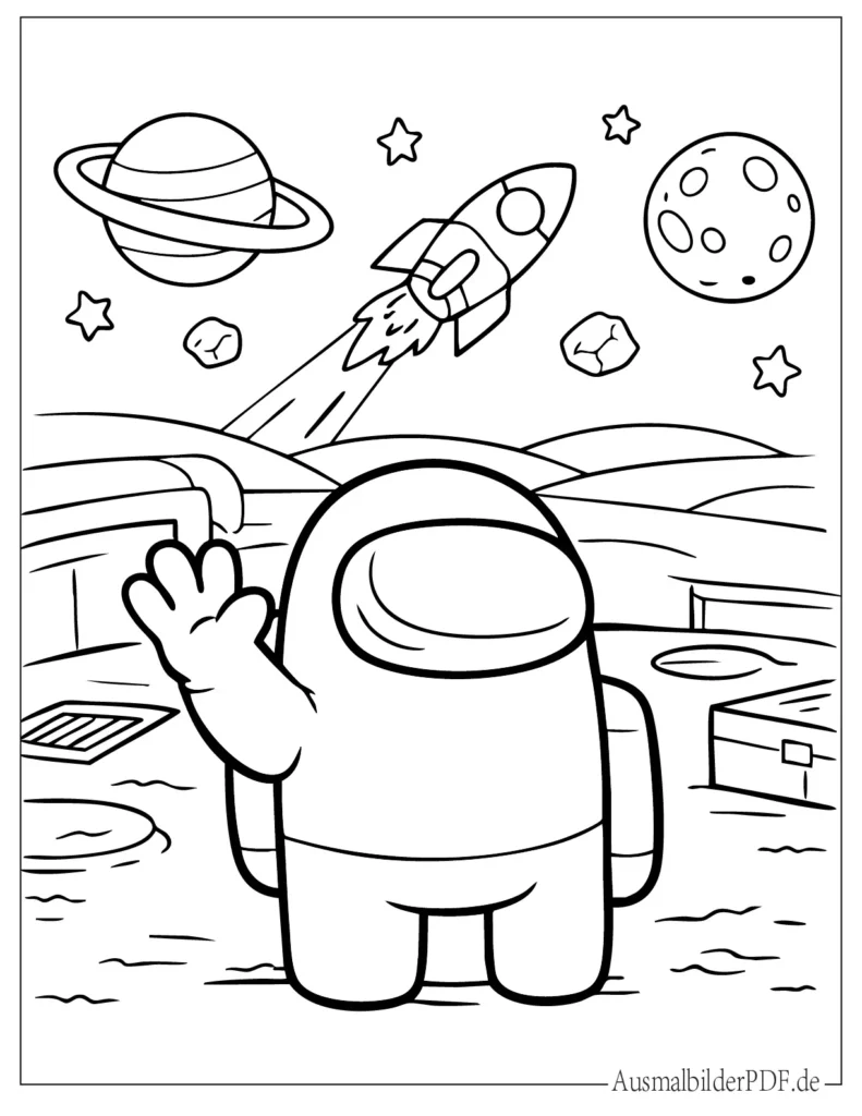 Malvorlage eines Among Us Crewmates, das winkt, perfekt als Ausmalbild für Kinder zum Ausdrucken.