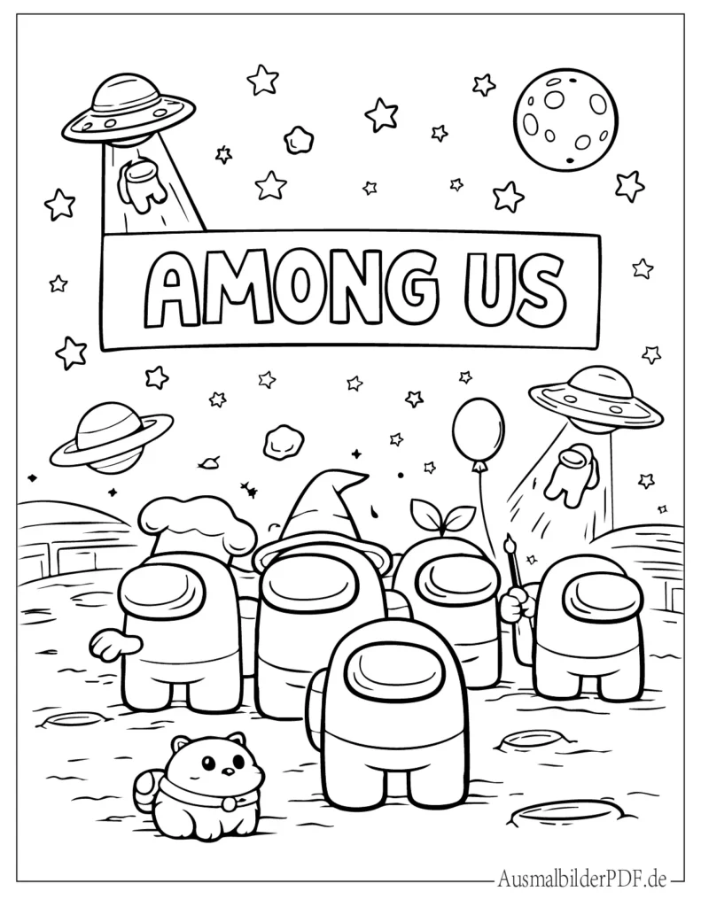 Malvorlage einer Among Us Gruppe mit Logo, perfekt zum Ausmalen und Ausdrucken für Kinder jeden Alters.