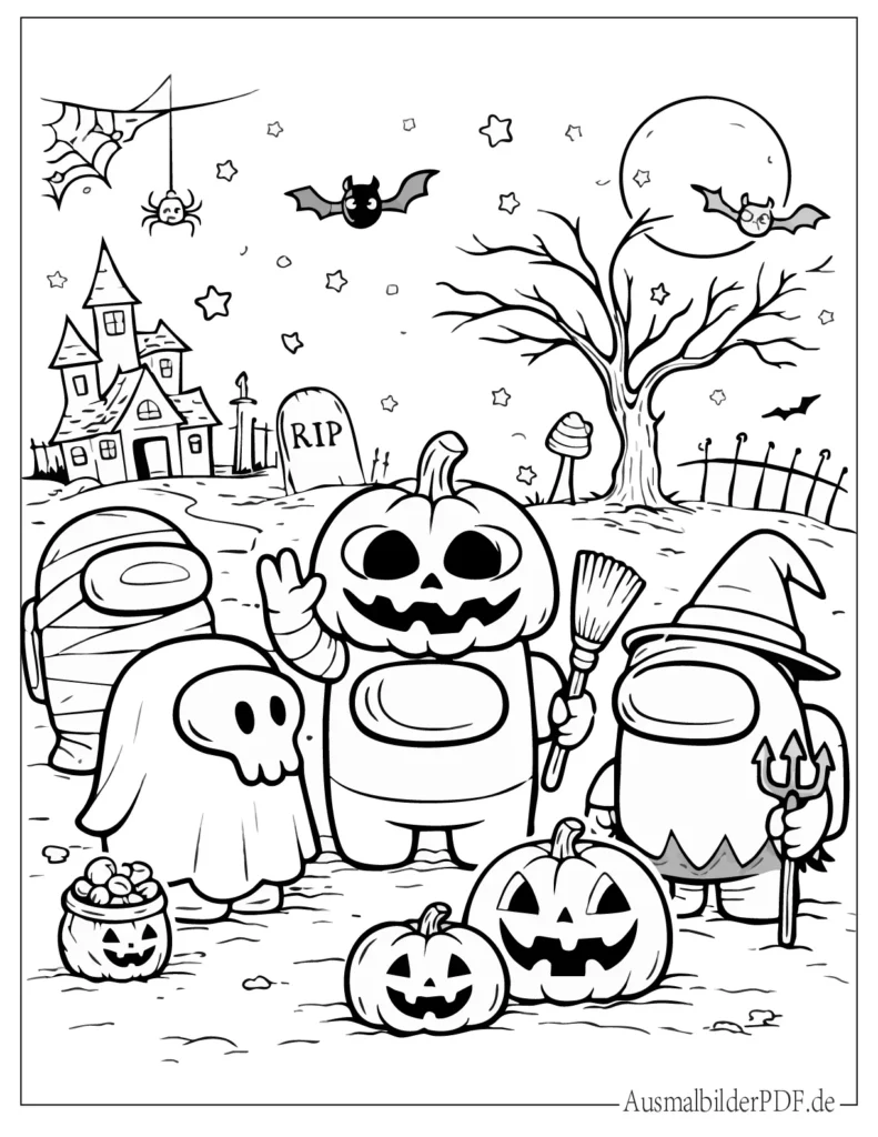 Ausmalbild von Among Us Charakteren im Halloween-Design, ideal zum Ausmalen und Ausdrucken für Kinder.