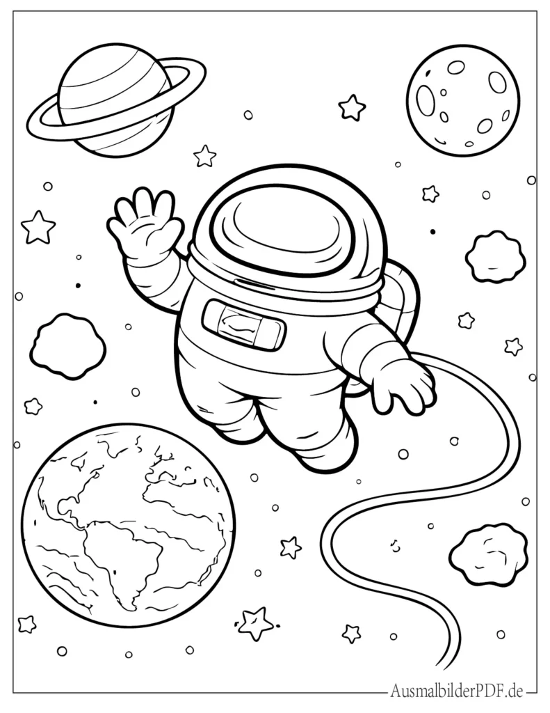 Vorlage eines Among Us Crewmates, das im Weltraum schwebt, perfekt zum Ausmalen und Ausdrucken für Kinder.