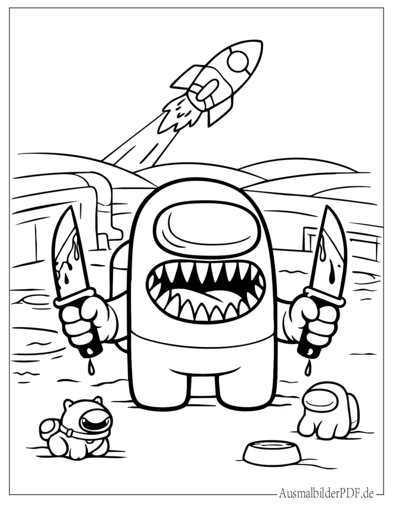 Ausmalbild des Among Us Imposters, der zwei Messer hält, ideal zum Ausmalen und Ausdrucken für Kinder.