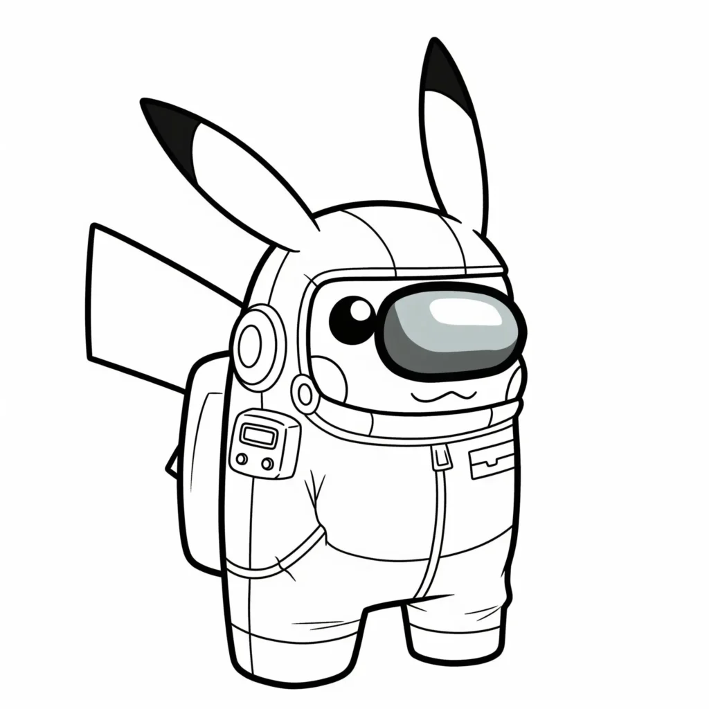 Malvorlage von Pikachu im Among-Us-Anzug mit süßem Gesichtsausdruck – kreatives Ausmalbild für Kinder und Fans von Crossover-Charakteren.