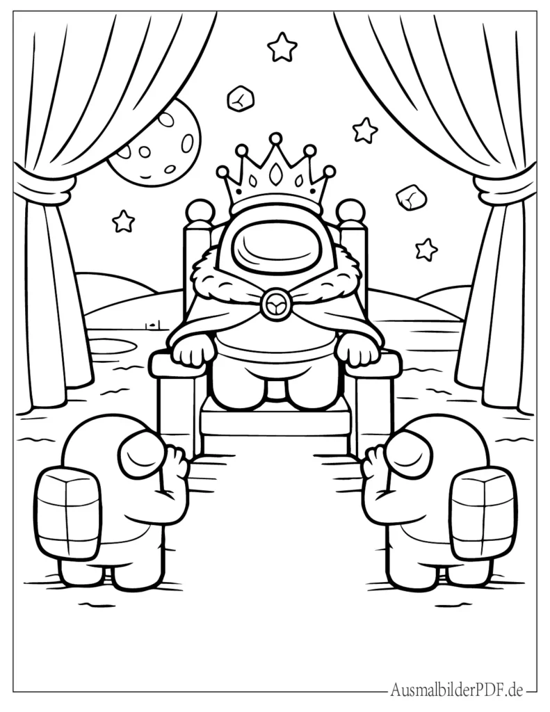 Ausmalblatt von der Among Us Queen mit bettelnden Crewmates, ideal zum Ausmalen und Ausdrucken für Kinder.