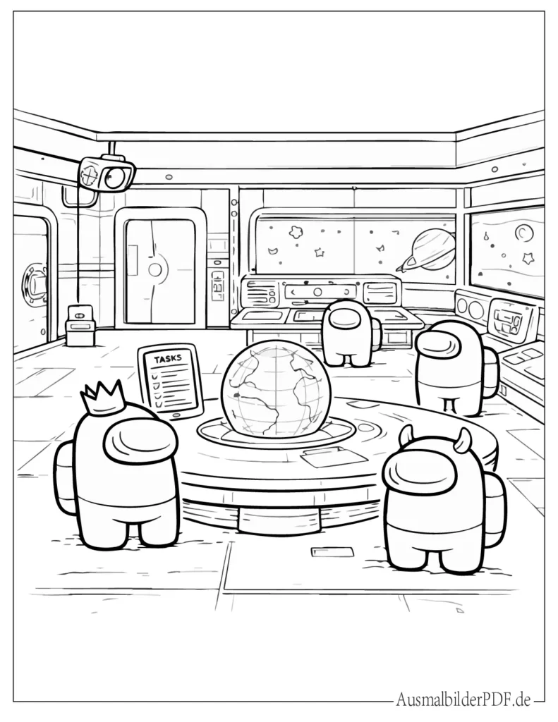 Druckvorlage eines Among Us Raumschiffs, ideal zum Ausmalen und Ausdrucken für Kinder jeden Alters.