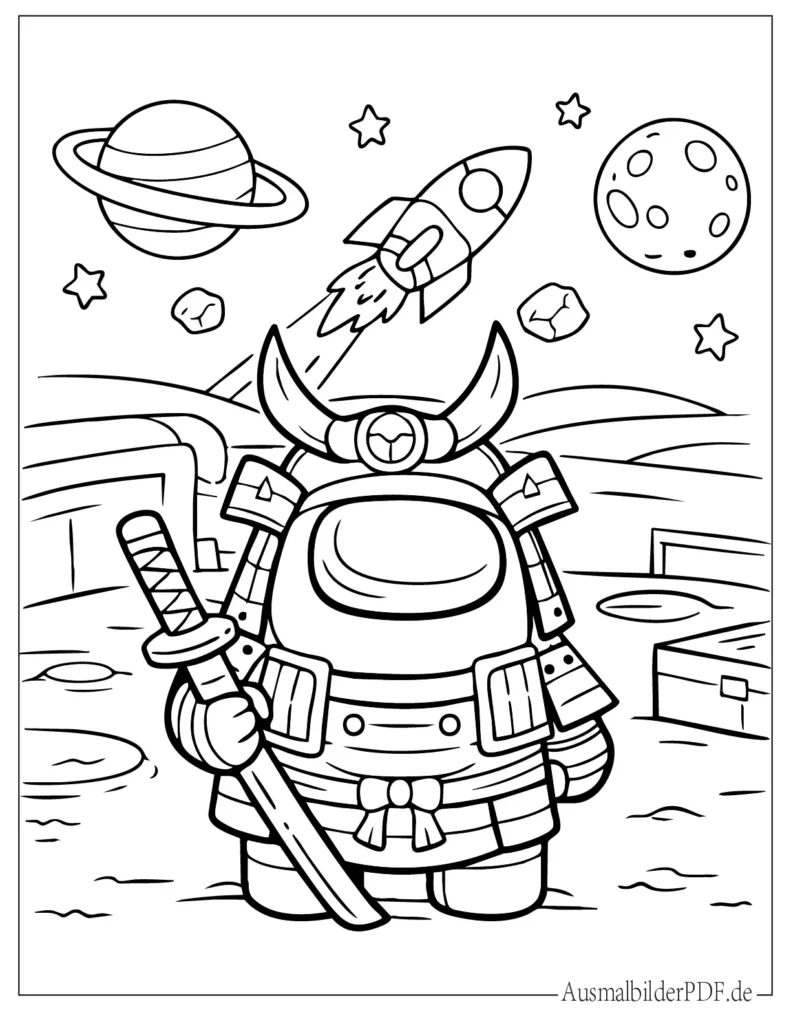 Vorlage eines Among Us Crewmates im Samurai-Skin, perfekt als Ausmalbild für Kinder zum Ausdrucken und Ausmalen.