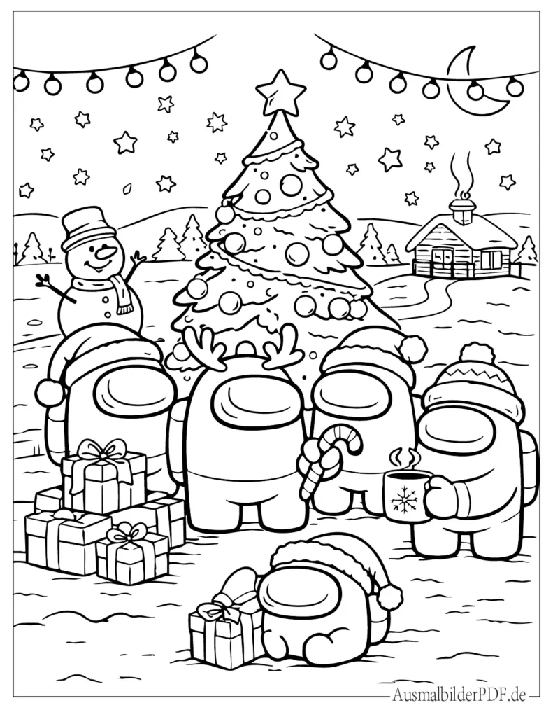Ausmalblatt mit Among Us Charakteren im Weihnachts-Design, ideal zum Ausmalen und Ausdrucken für Kinder.