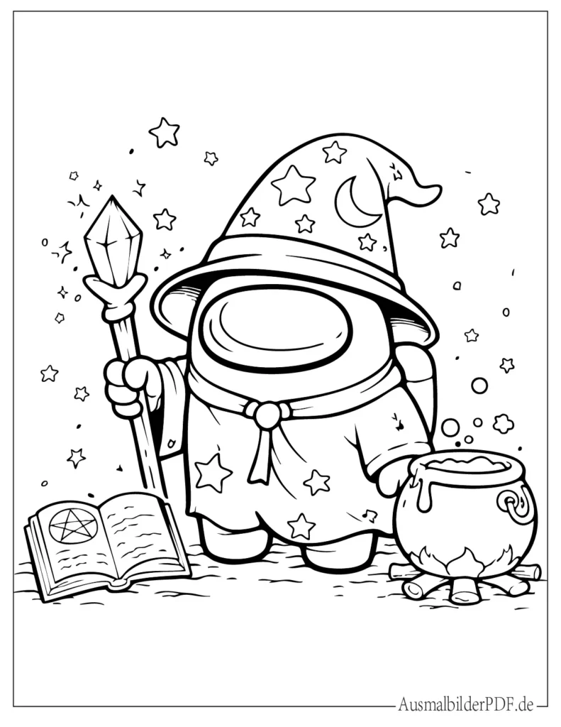 Malvorlage eines Among Us Crewmates als Zauberer, perfekt zum Ausmalen und Ausdrucken für Kinder.