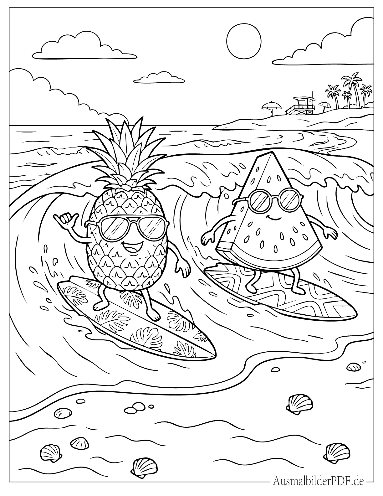 Ananas und Wassermelone Surfer mit Sonnenbrille im Sommer Ausmalbild