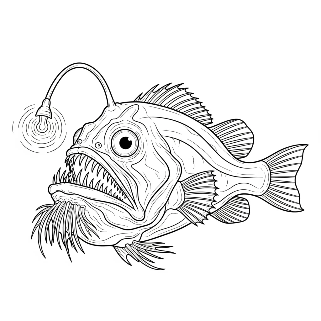 Ein Tiefsee-Anglerfisch mit leuchtender Angel schwimmt in der Dunkelheit des Meeres. Diese Ausmalvorlage ist ideal zum Ausdrucken und Ausmalen.