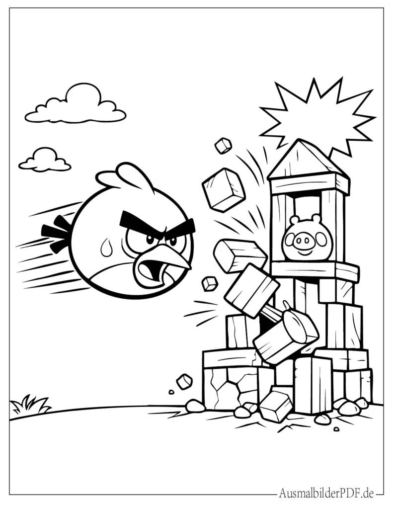 Ausmalbild von Angry Bird, der fliegt und auf Blöcke zusteuert, ideal für Kinder zum Ausmalen