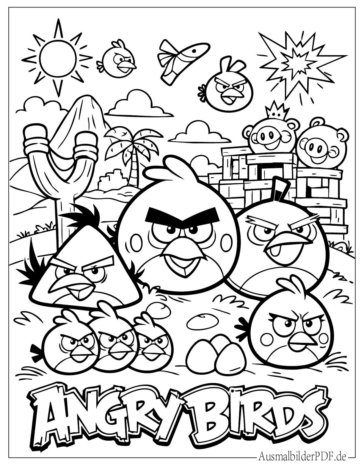 Angry Birds Figuren mit Banner und Logo druckbares Ausmalbild
