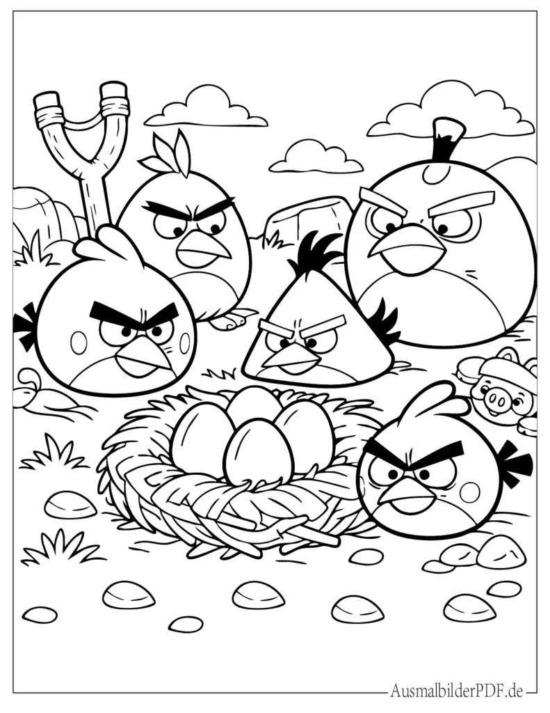 Malvorlage von Angry Birds rund um Eier im Nest, perfekt für Kinder zum Ausmalen und Drucken
