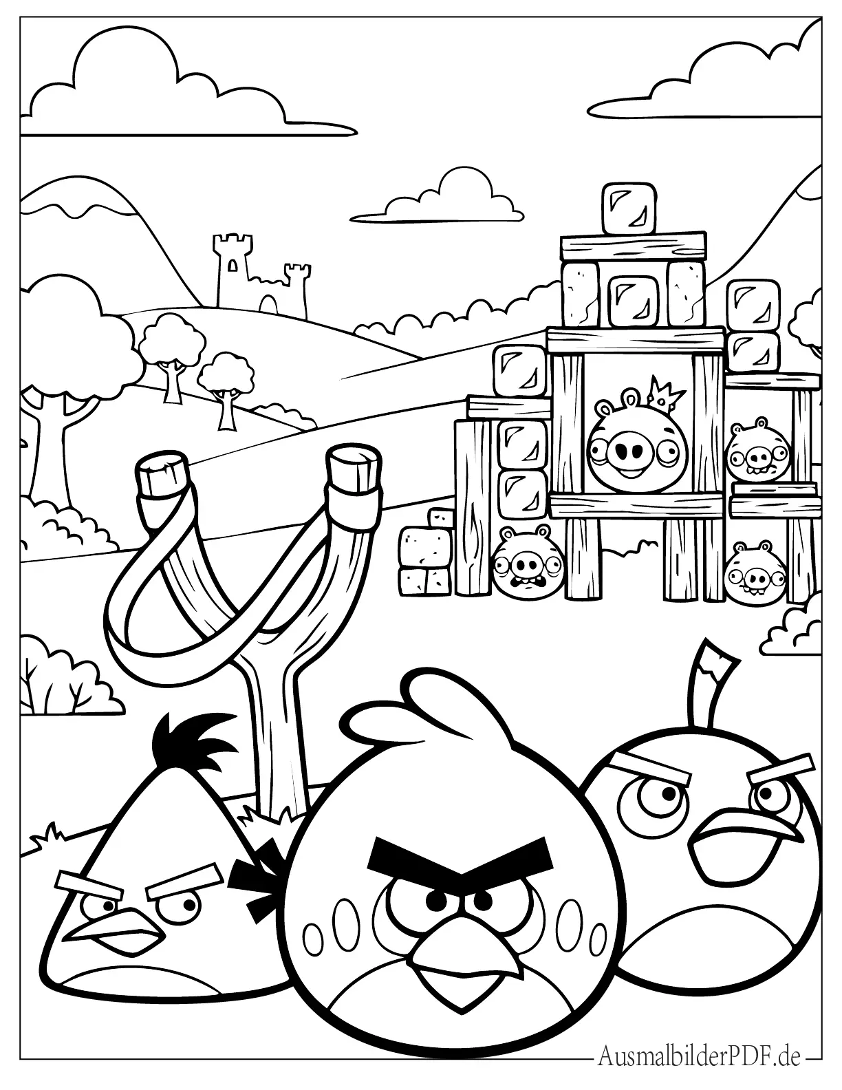Angry Birds Ausmalbild von Red, Chuck und Bomb