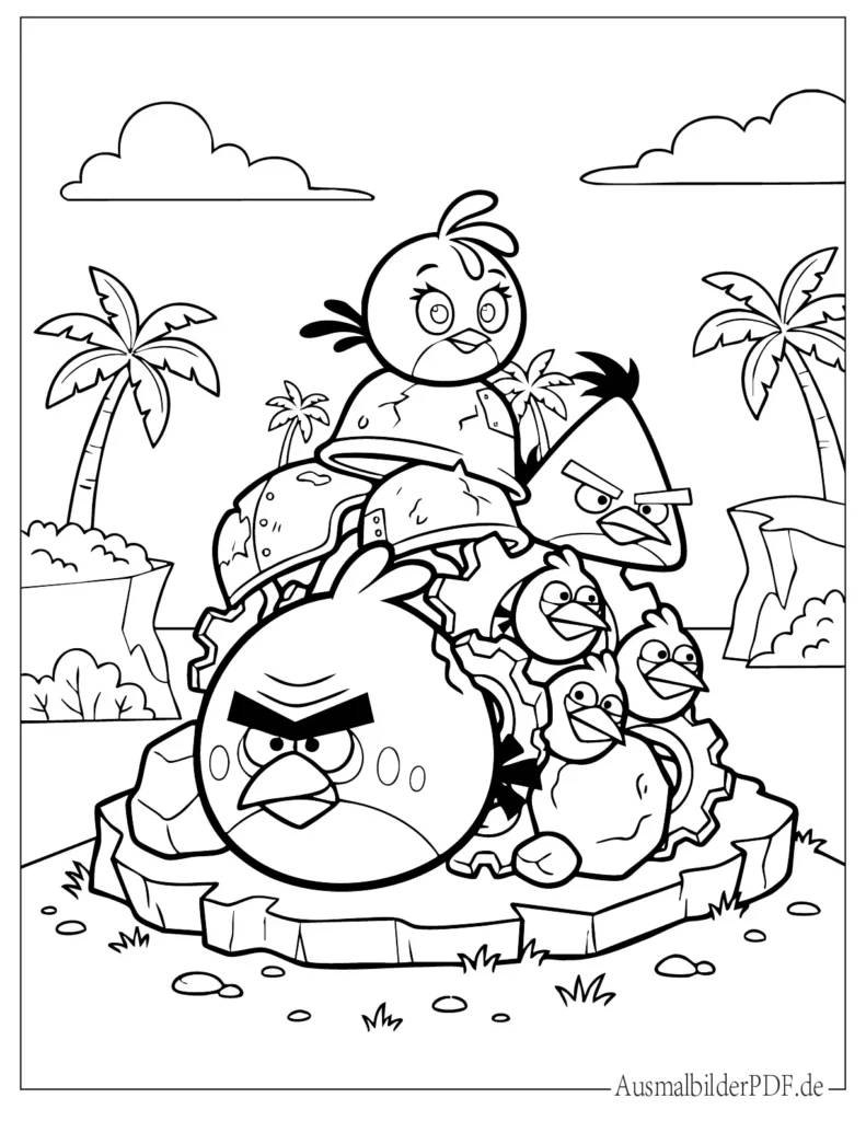 Druckvorlage mehrerer Angry Birds Figuren zusammen, ideal für Kinder zum Ausmalen und Ausdrucken