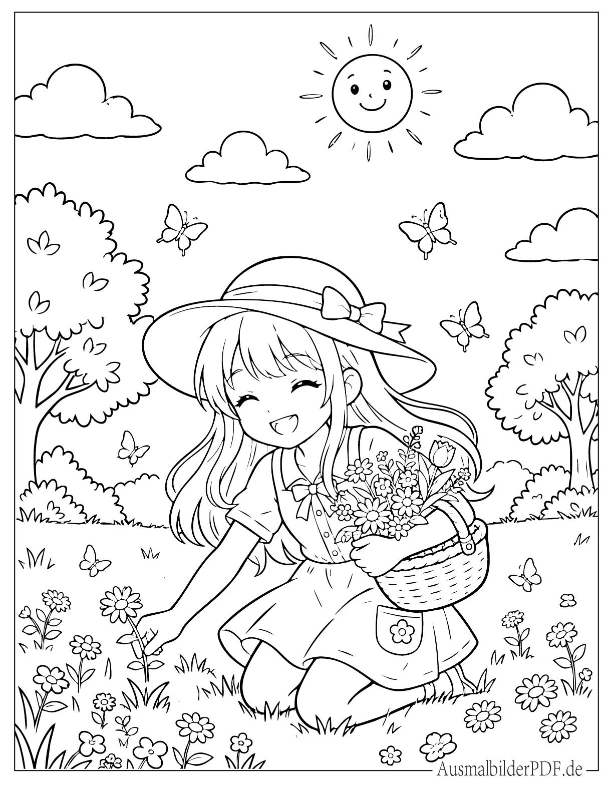 Anime Mädchen sammelt im Sommer Blumen zum Ausmalen