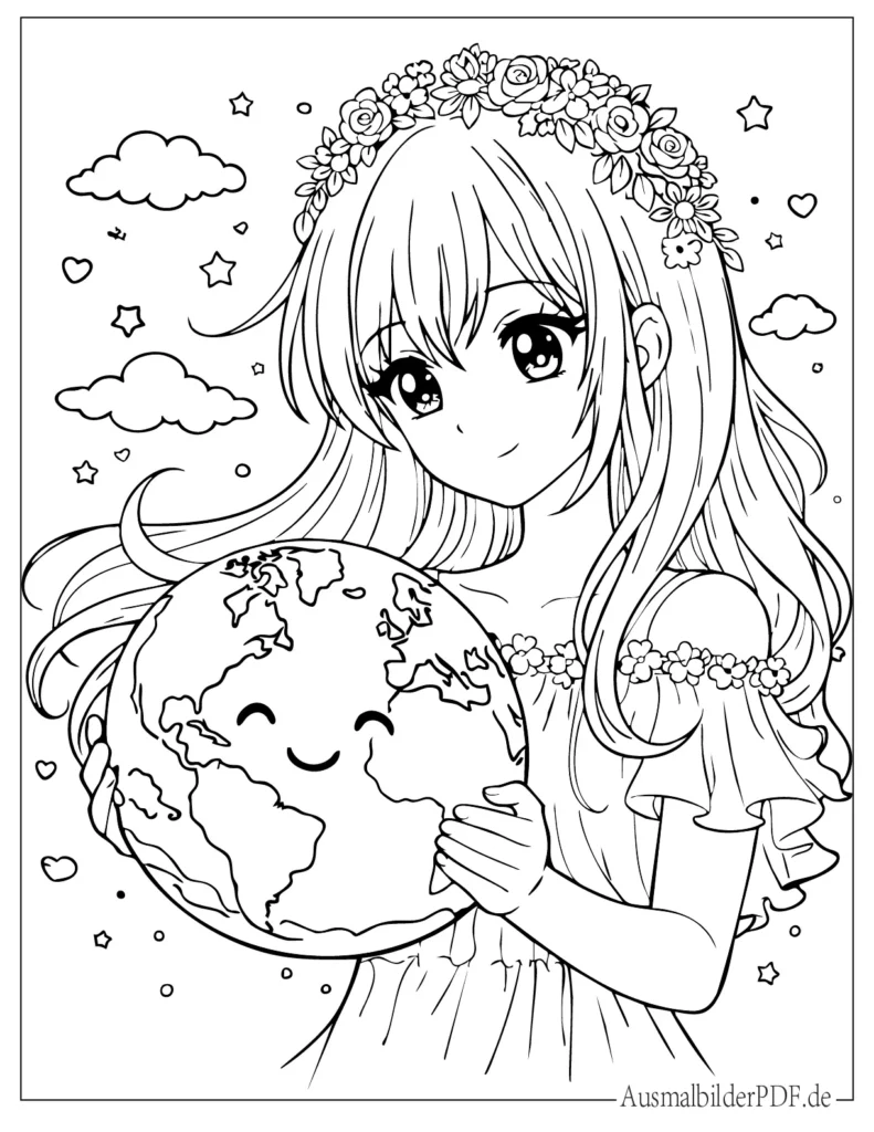 Schönes Anime-Mädchen hält die Erde liebevoll in den Händen, niedliches Ausmalbild für Kinder zum Ausdrucken und Ausmalen