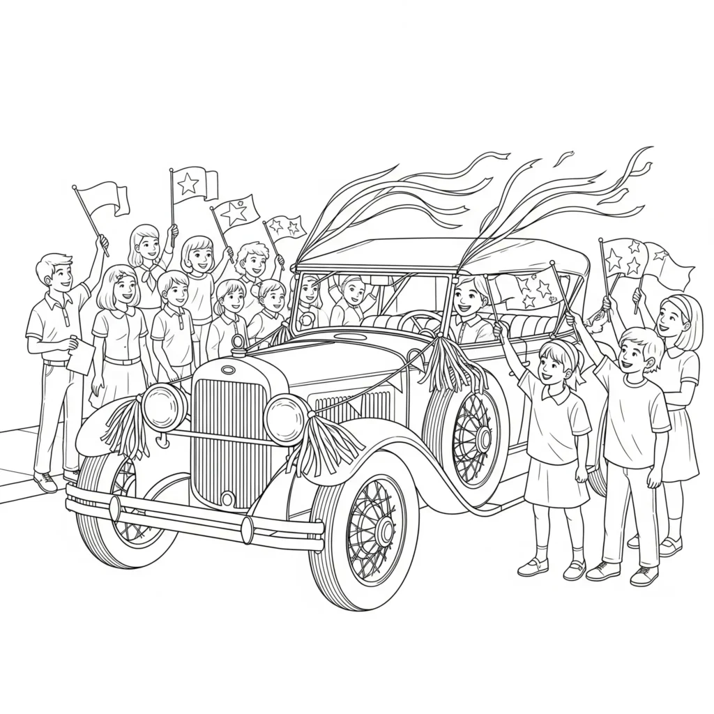 Oldtimer Ausmalbilder (Kostenlos Malvorlage zum Ausdrucken) Ausmalbild zeigt ein antikes Auto, das an einer bunten Parade teilnimmt, mit Zuschauern am Straßenrand, ideal für Kinder und Auto Liebhaber