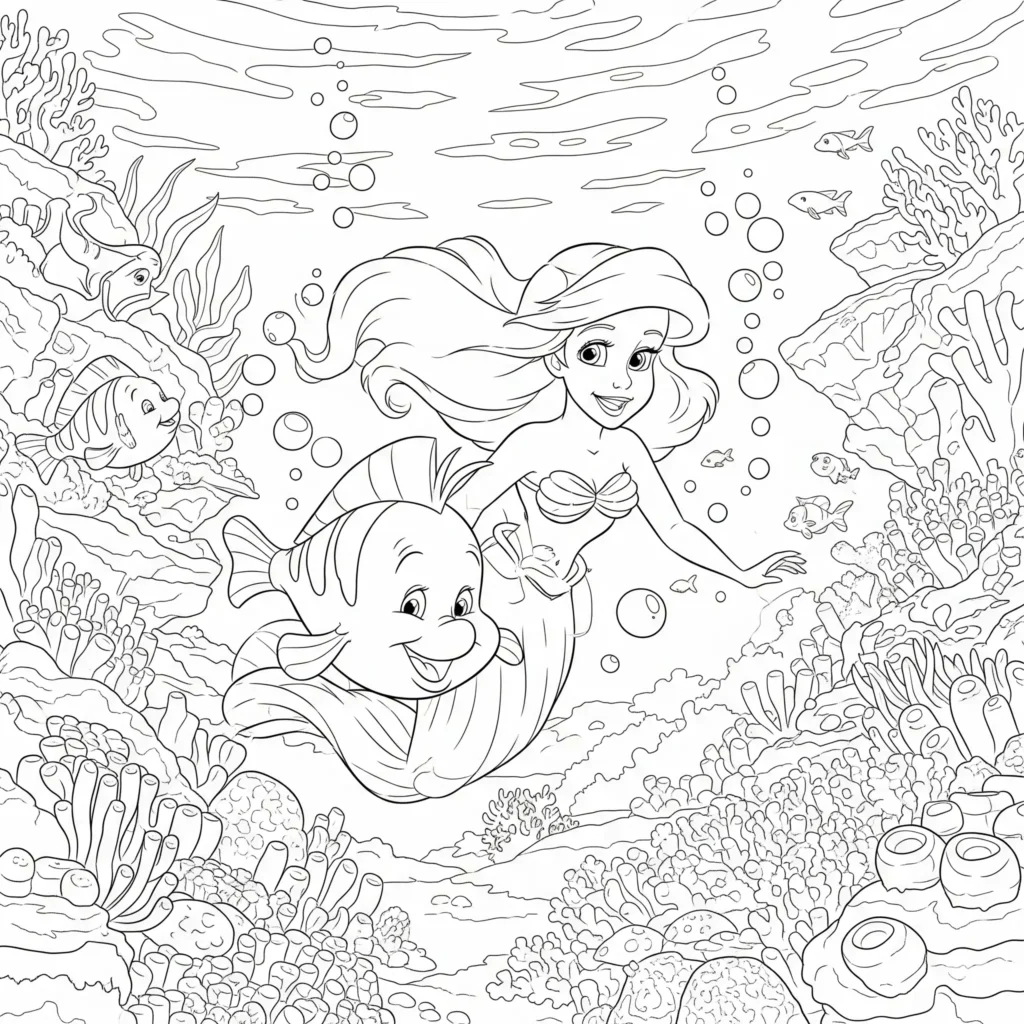 Schöne Arielle Malvorlage zum kostenlosen Download. Kinder können die kleine Meerjungfrau kreativ ausmalen und ihrer Fantasie freien Lauf lassen.