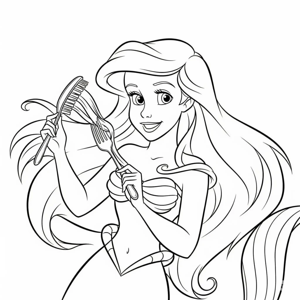 Lustiges Arielle mit Gabel Ausmalbild inspiriert von der berühmten Szene. Perfekt zum Ausdrucken und Ausmalen für kleine Meerjungfrauen-Fans.